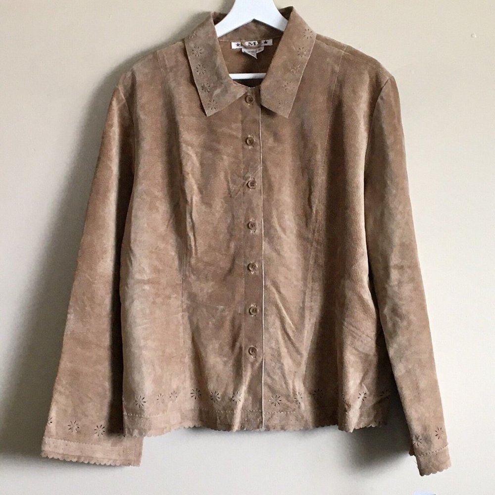 AMI Womens 100% Brushed Leather Tan Jacket Flower Laser Cut Design Size XL